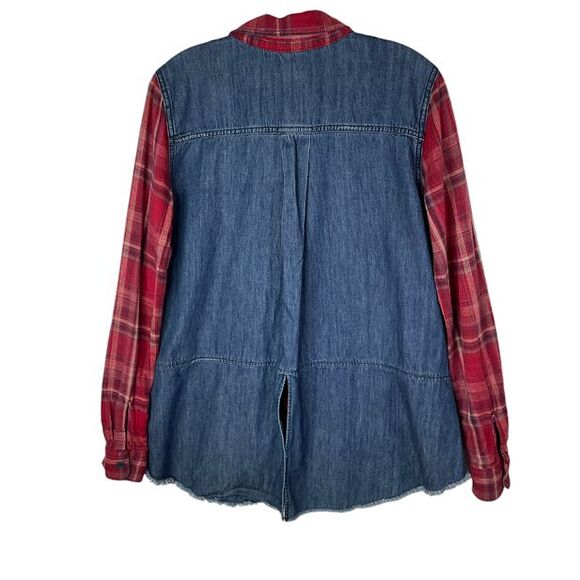 Free People Womens M Road Trip Getaway Flannel and Denim Button Down Shirt Plaid - Picture 2 of 10